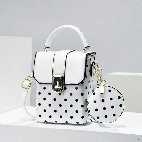 Women Polka Dot PU Leather Crossbody Bag Small Square Shoulder Bag With Coin Purse Pendant Mini Tote Handbag