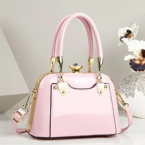 Sac à Main Élégant en Cuir Verni PU pour Femme Boucle en Strass Sac Bandoulière Petit Sac Carré pour le Quotidien