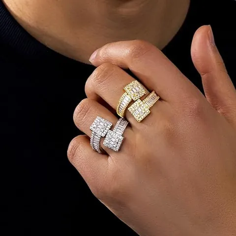 Trendy Geometric Square Open Ring For Women Luxury Brass Zirconia Inlaid Minimalist Finger Ring Jewelry Gift Gold Silver