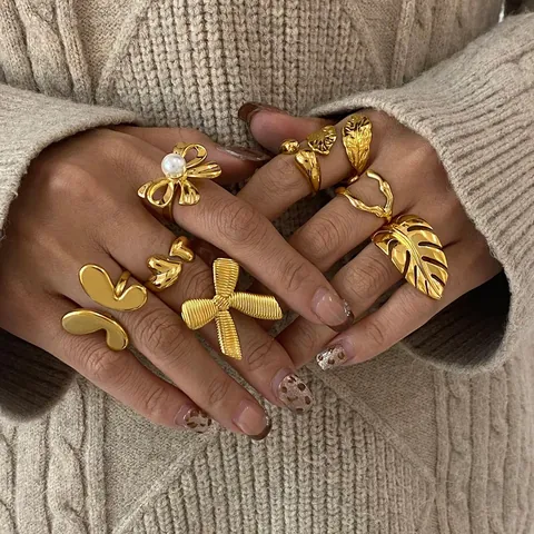Stainless Steel Artificial Pearl Open Ring For Women Minimalist Gold Plated Adjustable Bowknot Starfish Shell Leaf Ring Jewelry Accessory