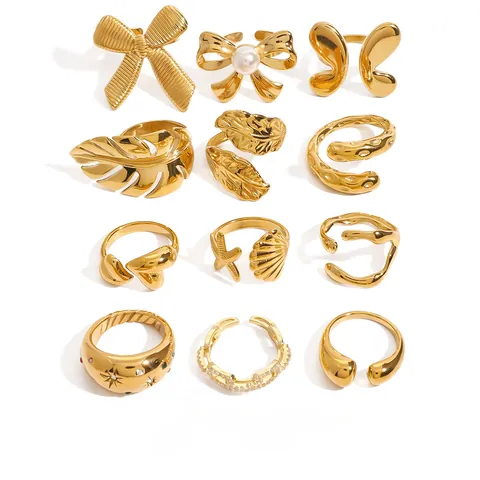 Stainless Steel Artificial Pearl Open Ring For Women Minimalist Gold Plated Adjustable Bowknot Starfish Shell Leaf Ring Jewelry Accessory