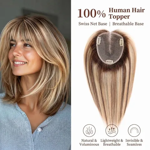 Hand-Woven Human Hair Topper For Women Gradient Brown Swiss Lace Base Breathable Natural Hair Piece For Thinning Hair Loss