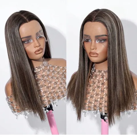 Hand-Tied Swiss Lace Human Hair Wig For Women Medium Long Straight Dark Brown With Highlights Natural Breathable Real Hair Wig