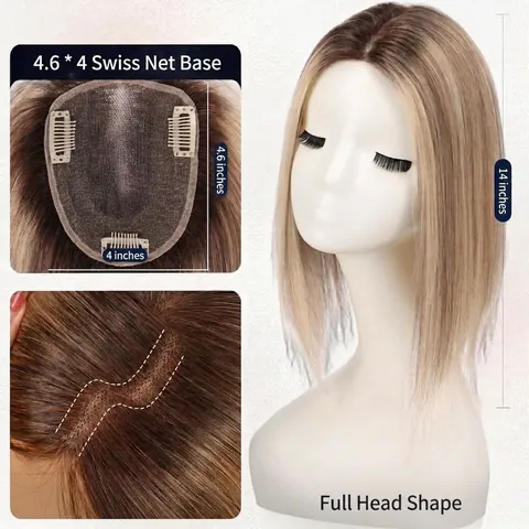 Hand-Woven Human Hair Topper For Women Gradient Brown Swiss Lace Base Breathable Natural Hair Piece For Thinning Hair Loss