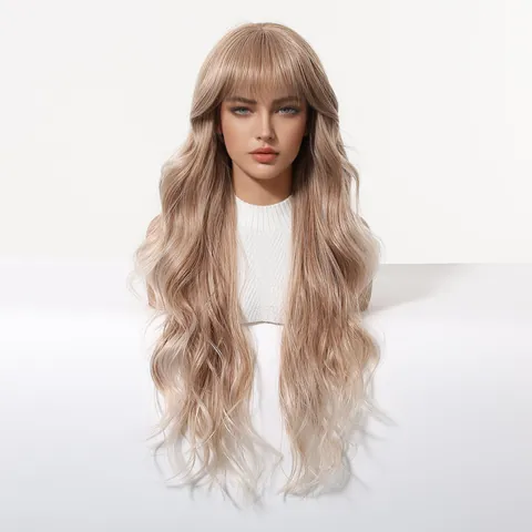 Natural Synthetic Fiber Long Wavy Wig With Flat Bangs Rose Gold Big Wave Heat Resistant Full Head Wig For Women Daily Party
