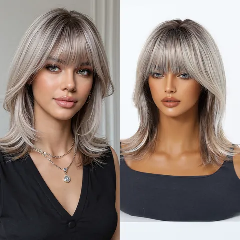 Women Ombre Ash Blonde Synthetic Wig Full Head Cover With Bangs Natural Realistic Layered Shoulder Length Hair Replacement Wig