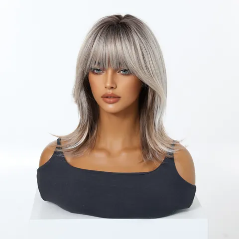 Women Ombre Ash Blonde Synthetic Wig Full Head Cover With Bangs Natural Realistic Layered Shoulder Length Hair Replacement Wig