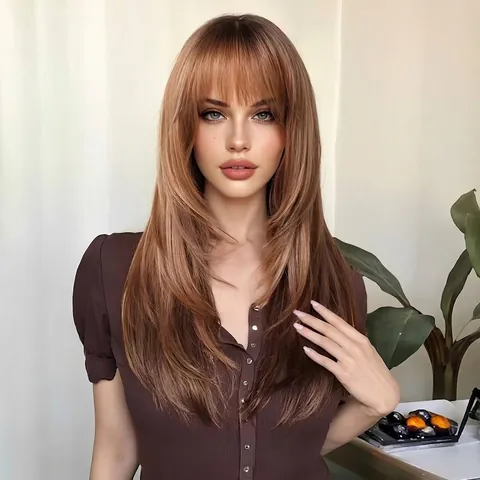 Peluca Larga y Lisa para Mujer Marrón Degradado Corte en Capas Con Flequillo Recto Fibra Sintética Natural