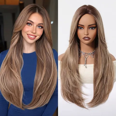 Perruque Synthétique Longue et Raide pour Femmes Avec Longue Frange Fibre Naturelle Résistante à la Chaleur Ensemble Tête Complète