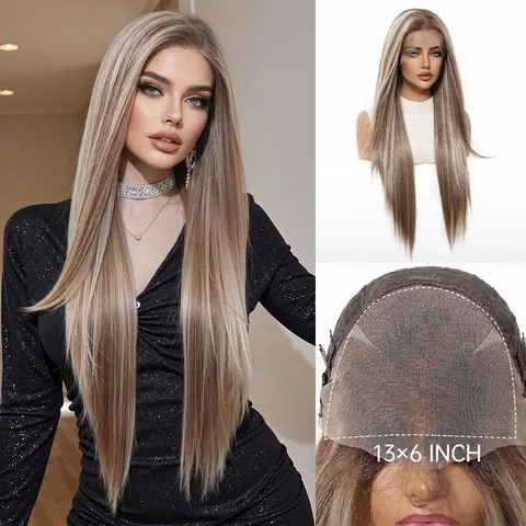 Women Long Straight Ombre Brown Lace Front Wig Heat Resistant Synthetic Hair Natural Scalp Middle Part Gradient Fashion Wig
