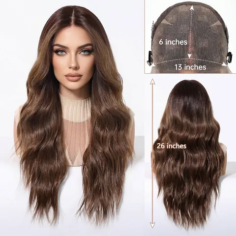 13x6 Lace Front Long Wavy Wig For Women Highlight Brown Middle Part Synthetic Wave Wig Natural Breathable Glueless Wigs