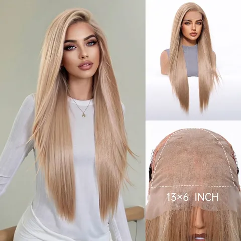 13x6 Lace Front Wig Long Straight Blonde Synthetic Hair Hand Tied Heat Resistant Natural Hairline Wig For Women