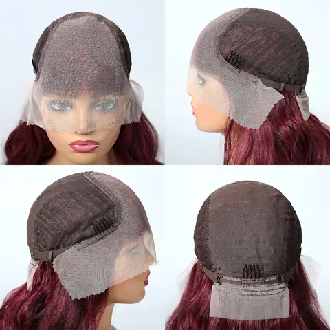 Women 13x6 Lace Frontal Wig Long Wavy Synthetic Matte High Temperature Fiber Natural Hairline Wine Red Highlight Brown Wig