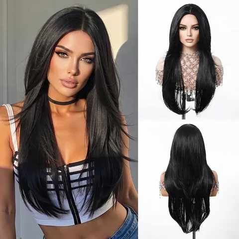 Long Straight High Layered Wig For Women Middle Part Synthetic Heat Resistant Fiber Full Head Hair Wig Natural Look Daily Party Hairpiece