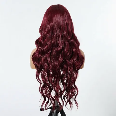 Women 13x6 Lace Frontal Wig Long Wavy Synthetic Matte High Temperature Fiber Natural Hairline Wine Red Highlight Brown Wig
