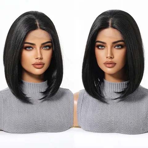 Natural Black Short Bob Wig 13x6 Large Lace Frontal Straight Synthetic Hair For Women Heat Resistant Daily Use Ombre Highlight Colors