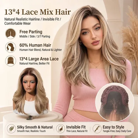 Ombre Blond 13x4 Lace Front Pruik Menselijk Haar Mix Lange Krullende Golvende Pruiken Voor Dames Natuurlijke Haarlijn Dagelijks Feest