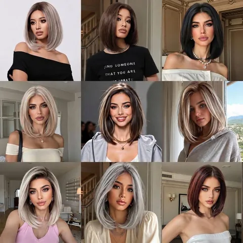Peluca Bob para Mujer Fibra Sintética 13x6 Peluca de Encaje Frontal Atada a Mano Línea de Cabello Natural Ombre Rubio Gris Negro