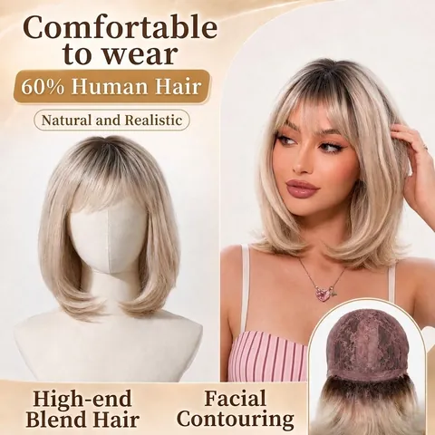 Mujer Peluca Mezcla Cabello Humano Ombré Dorado Corte Bob Transpirable Cabello Corto Liso Con Flequillo Moda Occidental