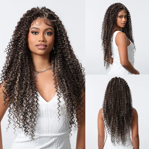 13x6 Lace Front Afro Kinky Curly Synthetic Wig For Black Women Long Fluffy Wool Curly Highlighted Wig Natural Looking Fiber