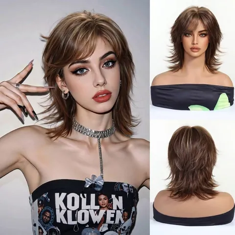 Peluca Sintética Unisex con Corte de Lobo y Mullet a Capas Corta Recta Cubierta Completa Aspecto Natural Pelucas de Cabello Neutras para Mujeres Hombres
