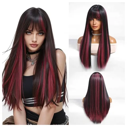 Long Straight Synthetic Wig With Flat Bangs Matte High Temperature Fiber Full Head Wig For Halloween Cosplay Women Hairpiece