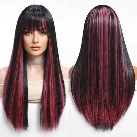 Long Straight Synthetic Wig With Flat Bangs Matte High Temperature Fiber Full Head Wig For Halloween Cosplay Women Hairpiece