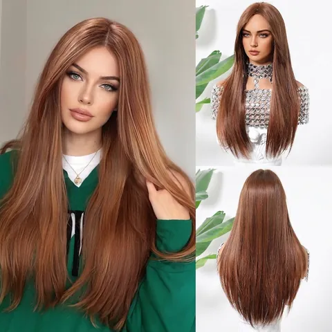 Perruque Synthétique Longue et Raide pour Femmes Avec Longue Frange Fibre Naturelle Résistante à la Chaleur Ensemble Tête Complète
