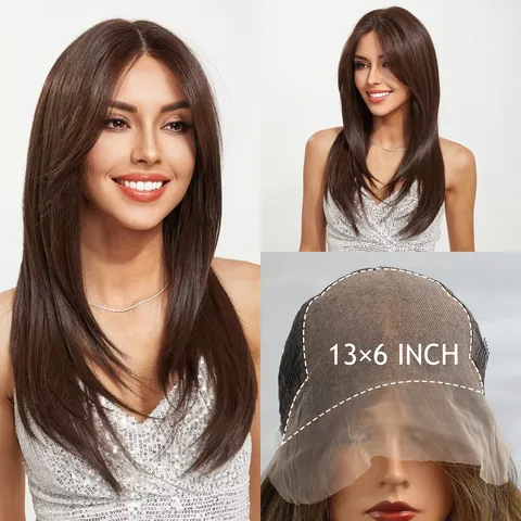 Large Area HD Lace Front Wig For Women Long Straight Black Brown Synthetic Hair Natural Looking High Density Center Part Lace Wig