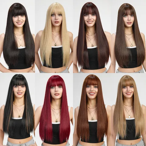 Long Straight Hair Wig For Women With Flat Bangs Natural High Temperature Synthetic Fiber Full Head Wig Heat Resistant Daily Fashion Hairpiece