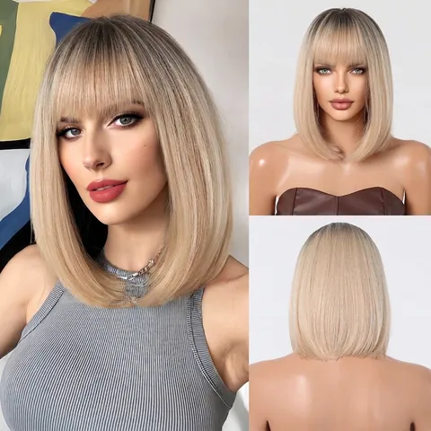 Women Short Straight Bob Wig With Flat Bangs Synthetic Heat Resistant Fiber Natural Looking Colorful Bob Hair Wigs For Daily Use Party