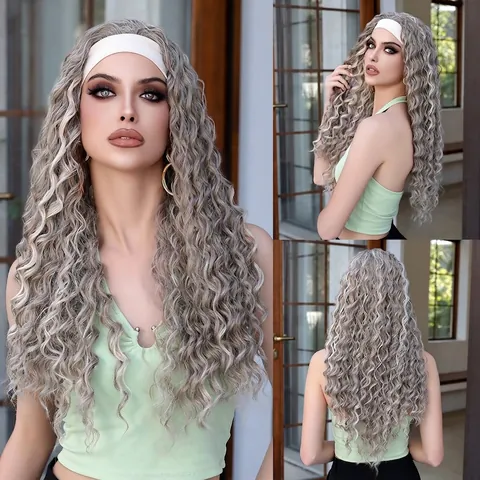 Women's European Style Headband Wig Afro Curly Long Long Hair Fashion Synthetic Fiber Ombre Grey Blonde Black Full Head Wig