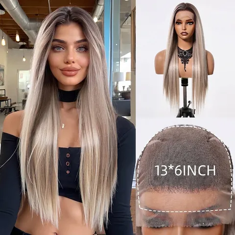 Women Long Straight Synthetic Lace Front Wig Ombre Mixed Gold High Temperature Fiber Breathable Full Head Wig Natural Hairline