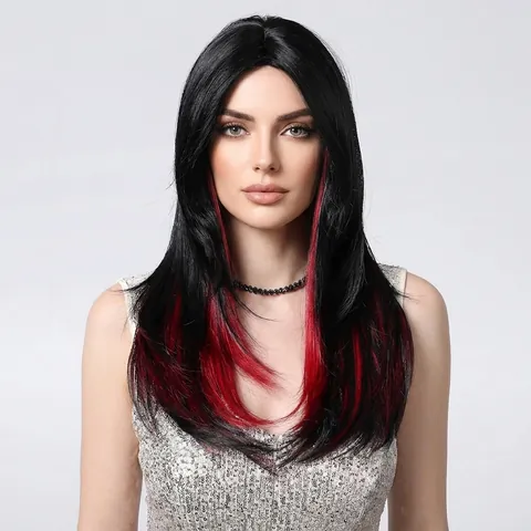 Damen Lange Wellige Synthetische Perücke Natürliches Schwarz Mit Roten Highlights Mittelscheitel Hochgeschichtete Wellige Perücke