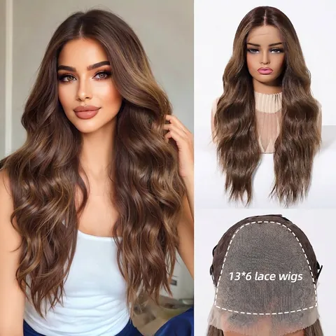 13x6 Lace Front Long Wavy Wig For Women Highlight Brown Middle Part Synthetic Wave Wig Natural Breathable Glueless Wigs
