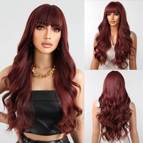 Long Curly Wavy Wig With Bangs For Women Natural Looking Heat Resistant Synthetic Full Wig European Fashion Hairpiece