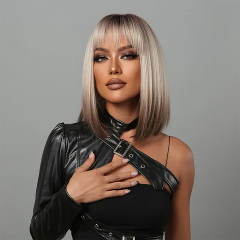 Short Straight Ombre Grey Bob Wig With Bangs Synthetic Heat Resistant Fiber Full Head Wig For Women Daily Cosplay Fashion Wig