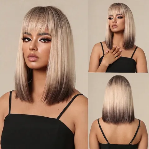 Parrucca Bob Sintetica Con Frangia per Donna Capelli Lisci Ombre Testa Intera Lunghezza Clavicola Fibra Resistente al Calore