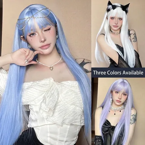 Long Straight Synthetic Fiber Wig With Air Bangs For Women Colorful Lolita Anime Cosplay Full Head Wig Heat Resistant Hair