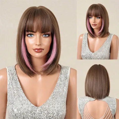 Women Short Straight Bob Wig With Flat Bangs Synthetic Fiber Heat Resistant Breathable Ombre Highlighted Full Hair Wig For Daily Party