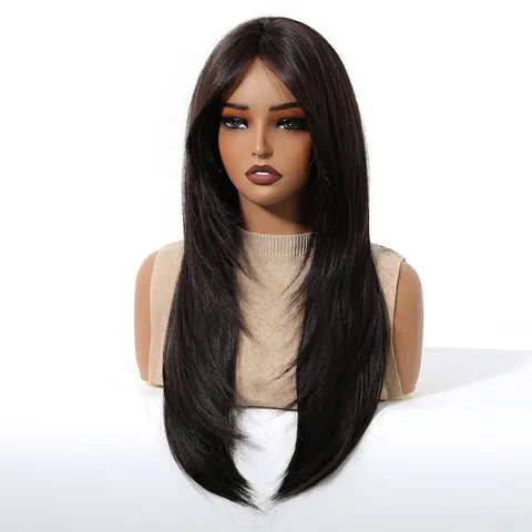 Korean Style Long Straight Synthetic Hair Wig For Women Ash Brown Heat Resistant Full Head Cover Wig Daily Wear Cosplay Party