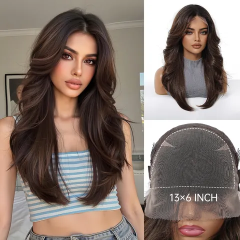 13x6 Large Area Lace Frontal Synthetic Wig Ombre Dark Brown Long Layered Hair Daily Casual Style Heat Resistant Full Head Wig For Women