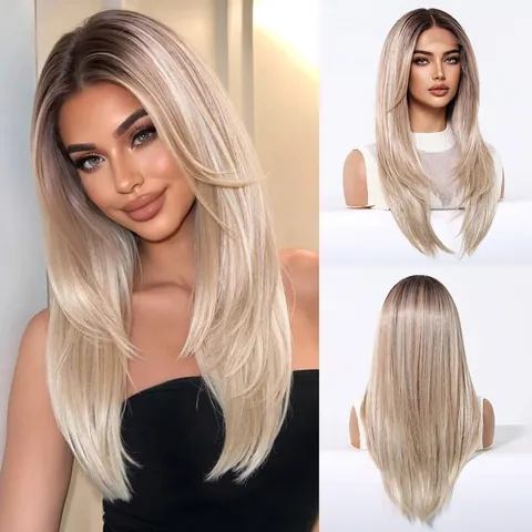 13x6 Lace Frontal Perücke Für Damen Lang Glatt Ombre Blond Kunsthaar Perücken Natürlicher Haaransatz Faser Haarteil