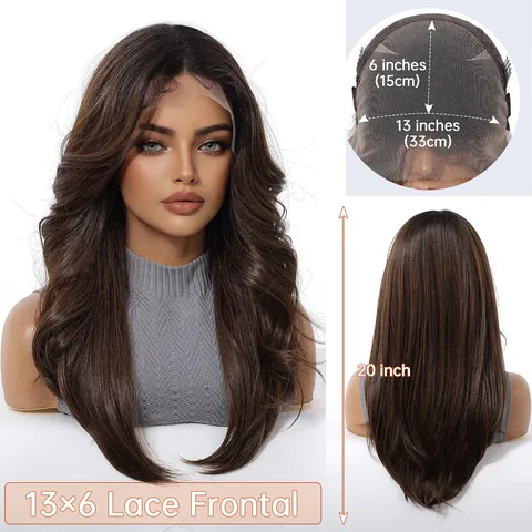 13x6 Large Area Lace Frontal Synthetic Wig Ombre Dark Brown Long Layered Hair Daily Casual Style Heat Resistant Full Head Wig For Women