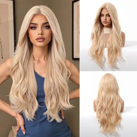 Women's Lace Front Long Wavy Wig Middle Part Synthetic Heat Resistant Fiber Blonde Black Ombre Brown Hair Extension