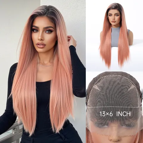 Women 13x6 Lace Frontal Long Straight Wig Ombre Pink Wine Red Synthetic Heat Resistant Fiber Wig With Free Wig Cap