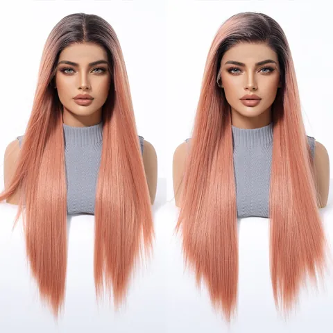 Women 13x6 Lace Frontal Long Straight Wig Ombre Pink Wine Red Synthetic Heat Resistant Fiber Wig With Free Wig Cap