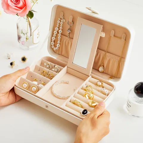 Grande Portagioie in Pelle PU Con Specchio Integrato Custodia Multistrato Organizer per Gioielli Portatile per Anelli Orecchini Collane Regalo Donna