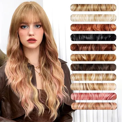 Lange Golvende Synthetische Pruik Met Air Bangs Ombre Roze Goudbruin Hittebestendige Vezel Volledige Styling Voor Dames Natuurlijk Haar