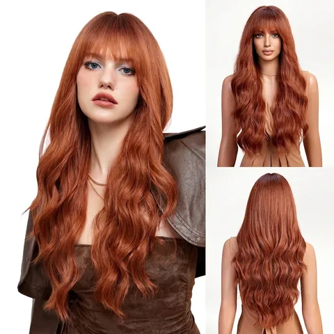 Lange Golvende Synthetische Pruik Met Air Bangs Ombre Roze Goudbruin Hittebestendige Vezel Volledige Styling Voor Dames Natuurlijk Haar
